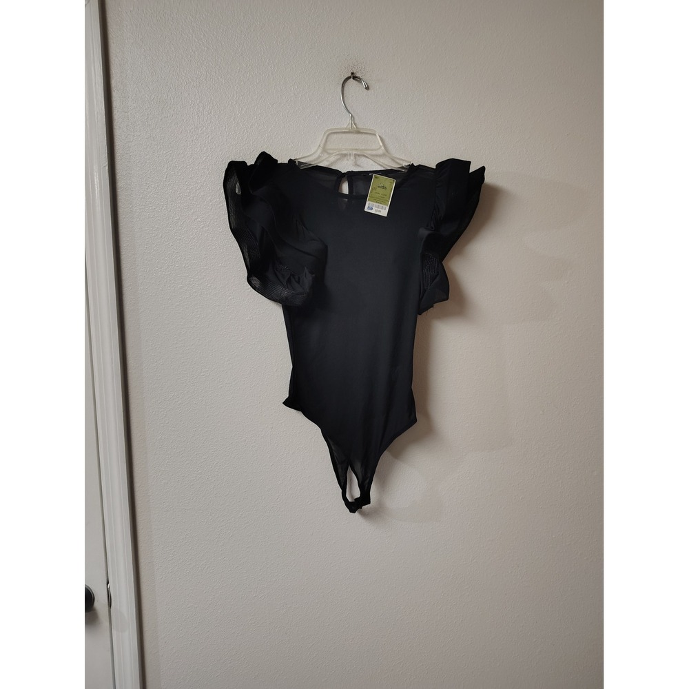 Blashe Womens Black Mesh Ruffle Cap Sleeve Thong Bodysuit Small NWT‎